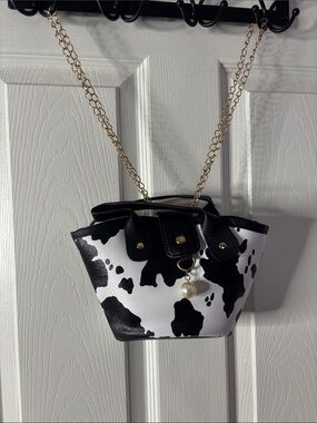 Black & White Cow Print Crossbody/Hand Bag with Pearl Charm